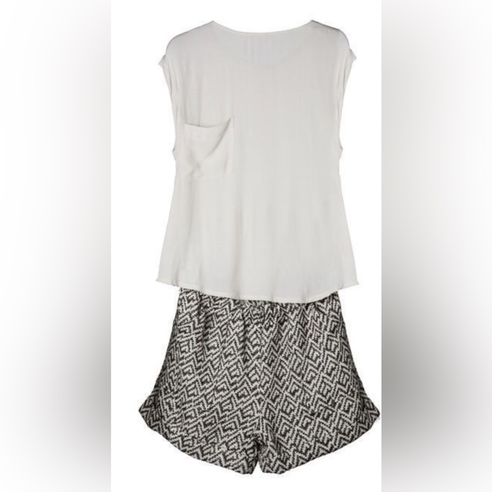 White Sleeveless Top and Black Patterned Shorts Set